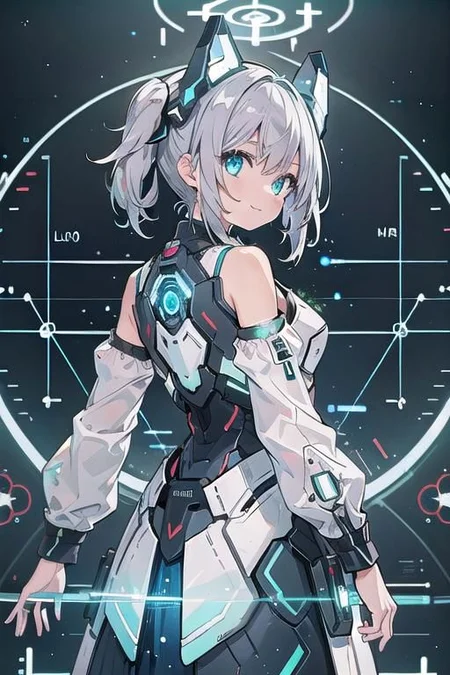 (masterpiece), (science fiction:1.4), 1girl, her back turned, smile, silver hair, aqua eyes, headgear, long sleeves, detached sleeves, glowing energy clothing, light particles
