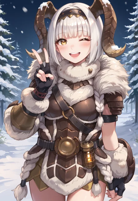 (score_9:0.9),score_8_up,score_7_up,rating_safe,anime style,(zPDXL),<lora:Banbaro beta armor ponyXL v1.2:0.75>,banbaro beta armor,1girl,solo,horn hairband,looking at viewer,smile,white fingerless gloves,open mouth,blush,white hair,yellow eyes,teeth,:d,cowboy shot,blunt bangs,long hair,short hair,snowing,snow,one eye closed,v