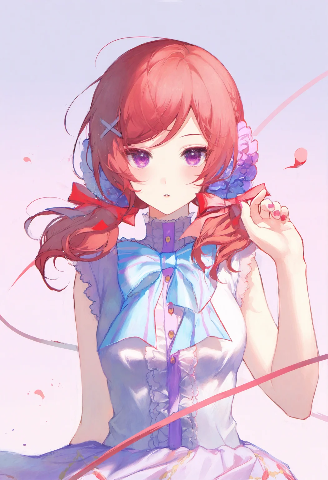 <lora:match2_noob1.1-000190:1>,
1girl, nishikino maki, solo, red hair, hair ornament, flower, twintails, hair flower, purple eyes, looking at viewer, dress, x hair ornament, ribbon, red nails, nail polish, low twintails, medium hair, frills, bow, sleeveless, swept bangs, bowtie, center frills, parted lips, pink nails,
masterpiece,best quality,newest,absurdres,highres,very awa,