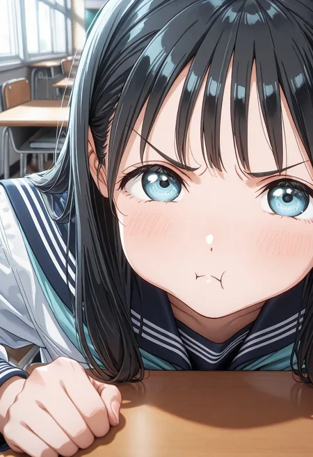 close up, solo, woman, komichi_akebi, sailor, pout face, desk, classroom, high quality, best quality, masterpiece, 4k resolution, anime