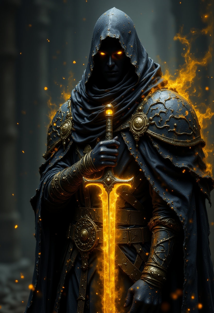 A captivating conceptual illustration of a dark entity clad in intricate, powerful armor. The figure is shrouded in darkness, with only two glowing yellow eyes visible, and holds a massive glowing yellow sword against their chest. Their ornate armor, a blend of power and magic, is accentuated by an aura of yellow particles that emit a mystical and formidable presence. The character's confident and strong posture is highlighted against the dark background, with shadows adding depth and contrast. This striking image is perfect for a high fantasy or dark cinematic setting.