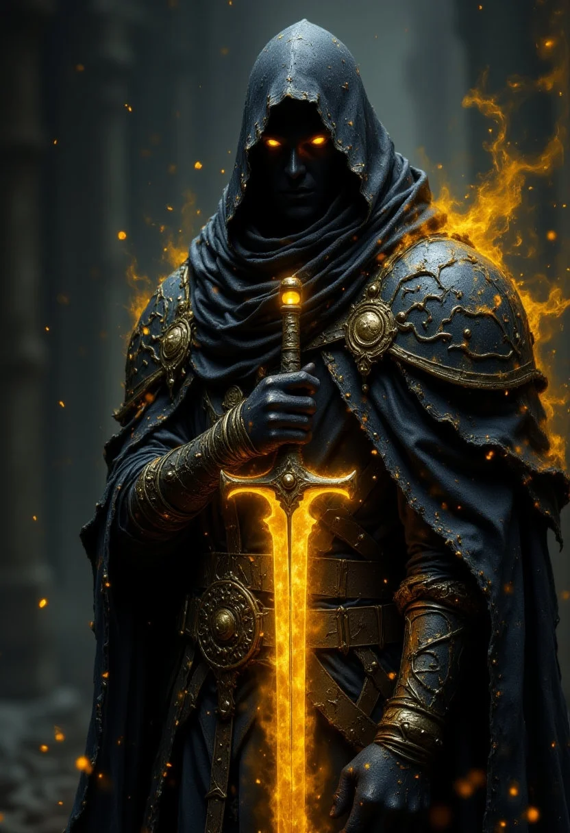 A captivating conceptual illustration of a dark entity clad in intricate, powerful armor. The figure is shrouded in darkness, with only two glowing yellow eyes visible, and holds a massive glowing yellow sword against their chest. Their ornate armor, a blend of power and magic, is accentuated by an aura of yellow particles that emit a mystical and formidable presence. The character's confident and strong posture is highlighted against the dark background, with shadows adding depth and contrast. This striking image is perfect for a high fantasy or dark cinematic setting.