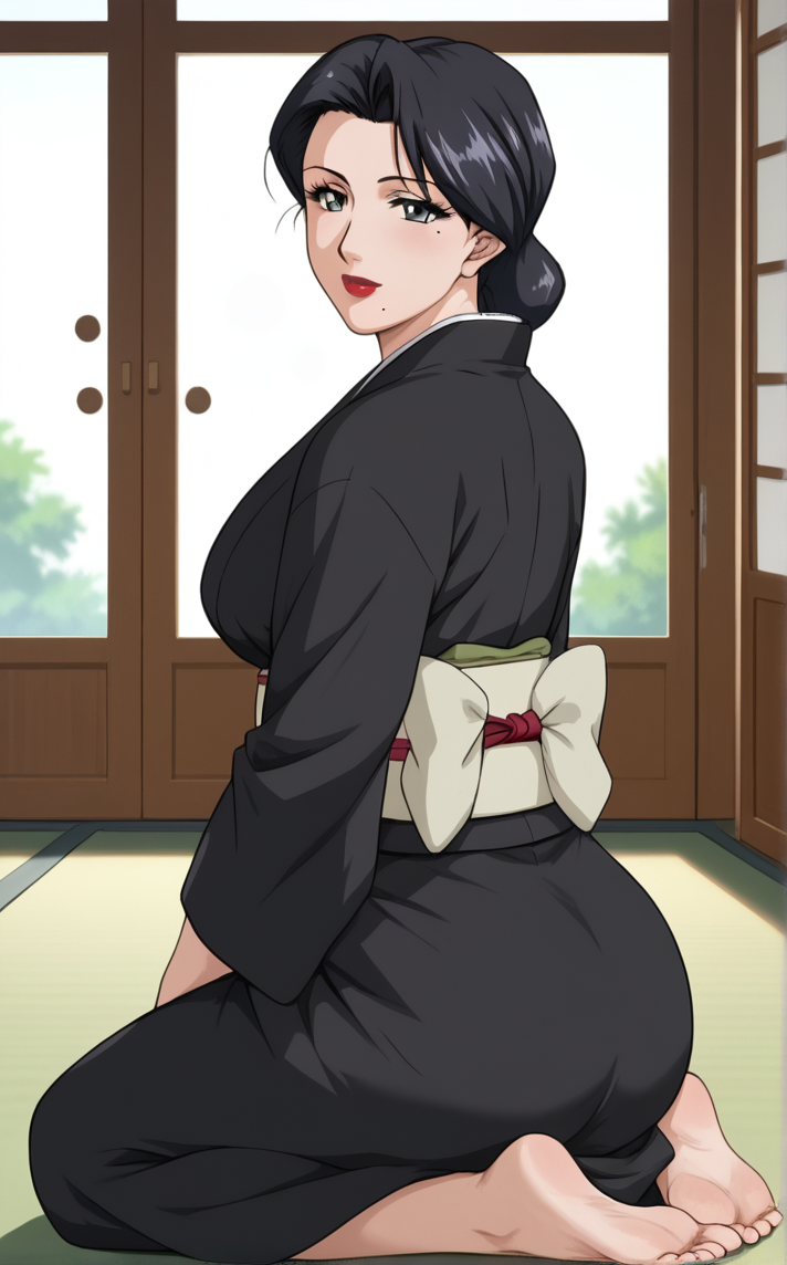 score_9, score_8_up, score_7_up, kneeling, full body, looking at viewer, indoors, bokeh, negative space, <lora:PONYXL_MistreatedBride_SumieTakayanagi_ownwaifu:1>, BREAK BlackKimono_SumieTakayanagi_ownwaifu, 1girl, black hair, black kimono, breasts, grey eyes, japanese clothes, lipstick, makeup, mature female, mole under mouth, red lips, short hair, single hair bun, eyelashes, sash, hair up, large breasts, lips, long sleeves, obi, <lora:add-detail-xl:0.15>,