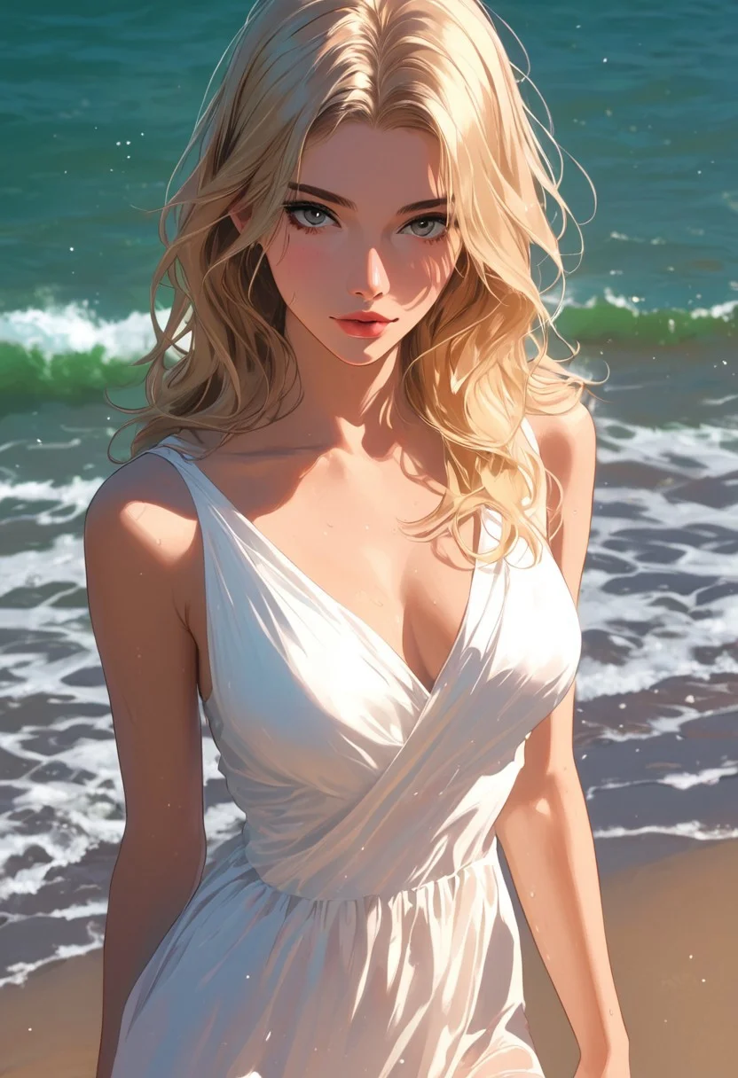 masterpiece, best quality, highly detailed, ultra-realistic, score_9, score_8_up, score_7_up, score_6_up, source_cartoon,  
BREAK  
1girl, slim waist, medium breasts, tan skin, light makeup, long blonde hair, flowing summer dress, beach setting, sunset, waves, sand, view from front, soft focus, depth of field.  
BREAK  
beach aesthetic, summer vibes, raw sensuality, dynamic light, warm_light, vibrant colors warm_colors, soft focus, high contrast, textured surfaces, depth of field, dramatic shadows, rich details, summer-inspired color palette, cinematic composition, view from above.