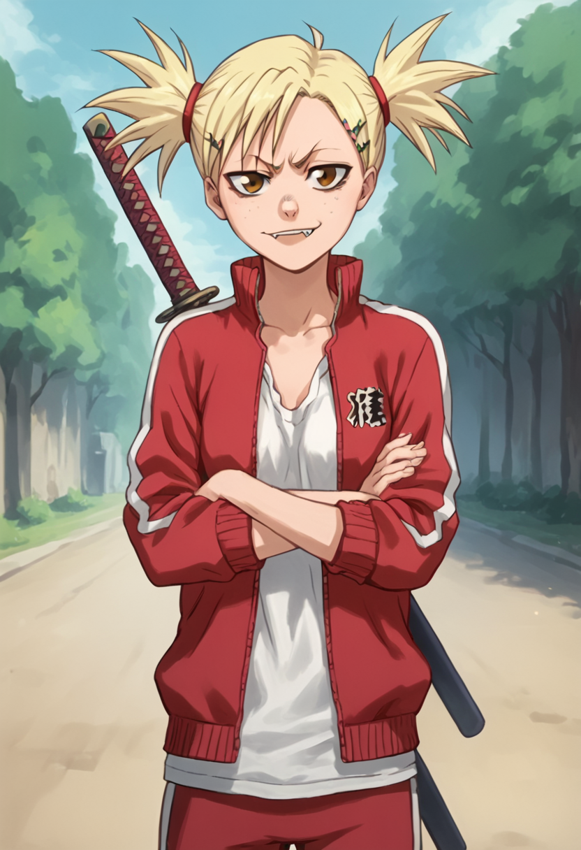 hiyorisarugaki, 1girl, blonde hair, solo, track jacket, hairclip, short twintails, freckles, brown eyes, tank top, looking at viewer katana,outdoors,smile,    <lora:HiyoriSarugakiPony1.2:1>, score_9, score_8_up, score_7_up, score_6_up, score_5_up, score_4_up, looking at viewer,crossed arms, cowboy shot,sharp tooth