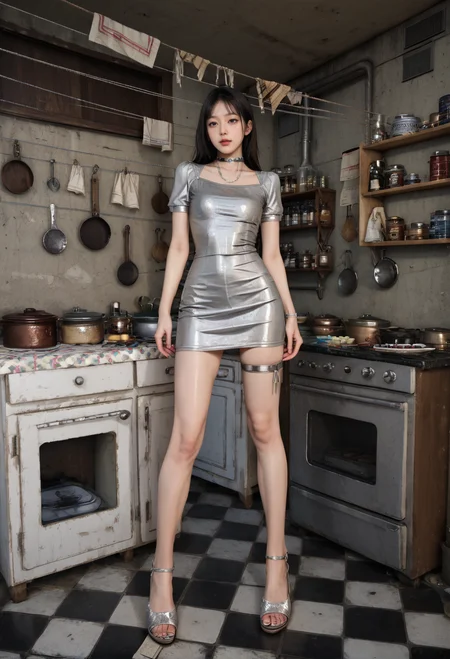 ,ruanyi1289,Old kitchen,
on ground,knees together feet apart,from below,,ruanyi1287,choker,silver dress,shiny clothes,tight clothes,standing,thigh gap,hair wagging,short sleeves,<lora:1289 Old kitchen_v1_pony:0.8>,<lora:1287 Commuting clothing_v1_pony:0.8>, score_9,score_8_up,score_7_up,,8k,1girl,solo,,