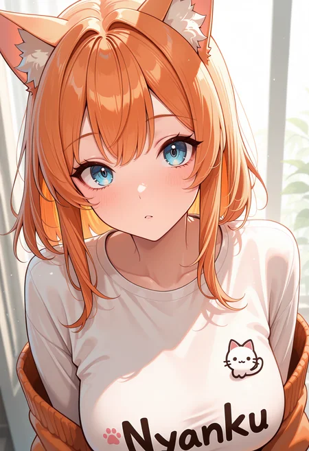 lazypos, 1girl, cat ears, cat girl, ginger orange hair, blue eyes, medium breasts, <lora:Nyanku-000005:1>, Nyanku, Nyankupatches, outerwear, close-up of hands