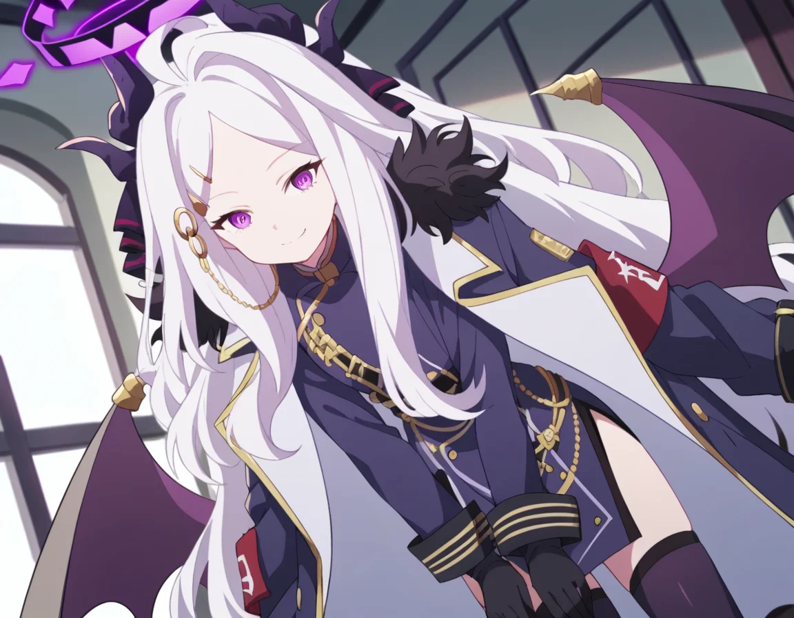 score_9, score_8_up, score_7_up, source_anime, <lora:hina-sorasaki-s1-ponyxl-lora-nochekaiser:1>, hina sorasaki, purple eyes, white hair, halo, ahoge, parted bangs, long hair, very long hair,, armband, black gloves, coat, coat on shoulders, demon horns, demon wings, fur collar, gloves, hair ornament, horns, long coat, military uniform, miniskirt, multiple horns, side slit, thighhighs, uniform, wings, zettai ryouiki,, indoors, bent over, smile,, looking at viewer, solo, cowboy shot, dutch angle