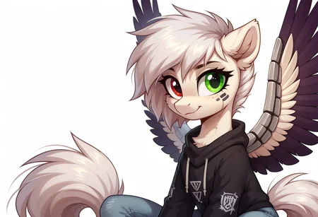 score_9, score_8_up, score_7_up, score_6_up, pony, original character, cyber in body parts, cyborg pony, white body color by code ((ffe9da)), mane gradient red, then green, heterochromia, eye color purple, second green, pony, my little pony, female, fluffy hair, fluffy tail, wings, jeans ((7ca5c2)), black sweatshirt with cutouts on the sleeves ((4e3b6c)), solo, white background, stay