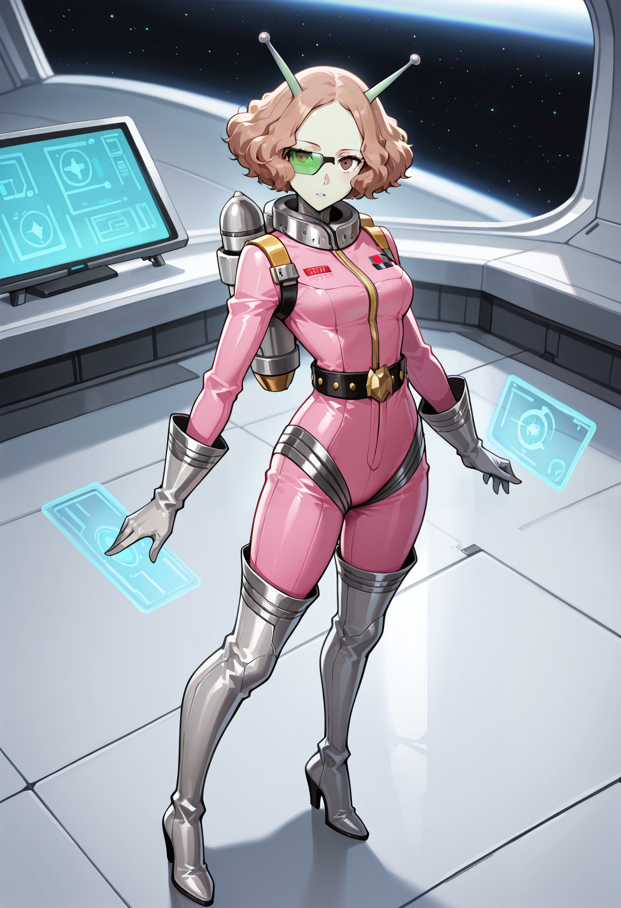 (masterwork, masterpiece, best quality, hyper-detailed),
1 girl, solo, 
p5haru, brown hair, short hair, wavy hair,
p5haru-cognitive, spacesuit, pink bodysuit, belt, studded belt, gloves, thigh boots, silver boots, alien, silver gloves, jetpack, scouter, holographic interface, antennae, colored skin, green skin, science fiction, cosplay, alternate outfit, 
indoors, space ship, laboratory, science fiction, standing, lookit at viewer, arms open, full body,