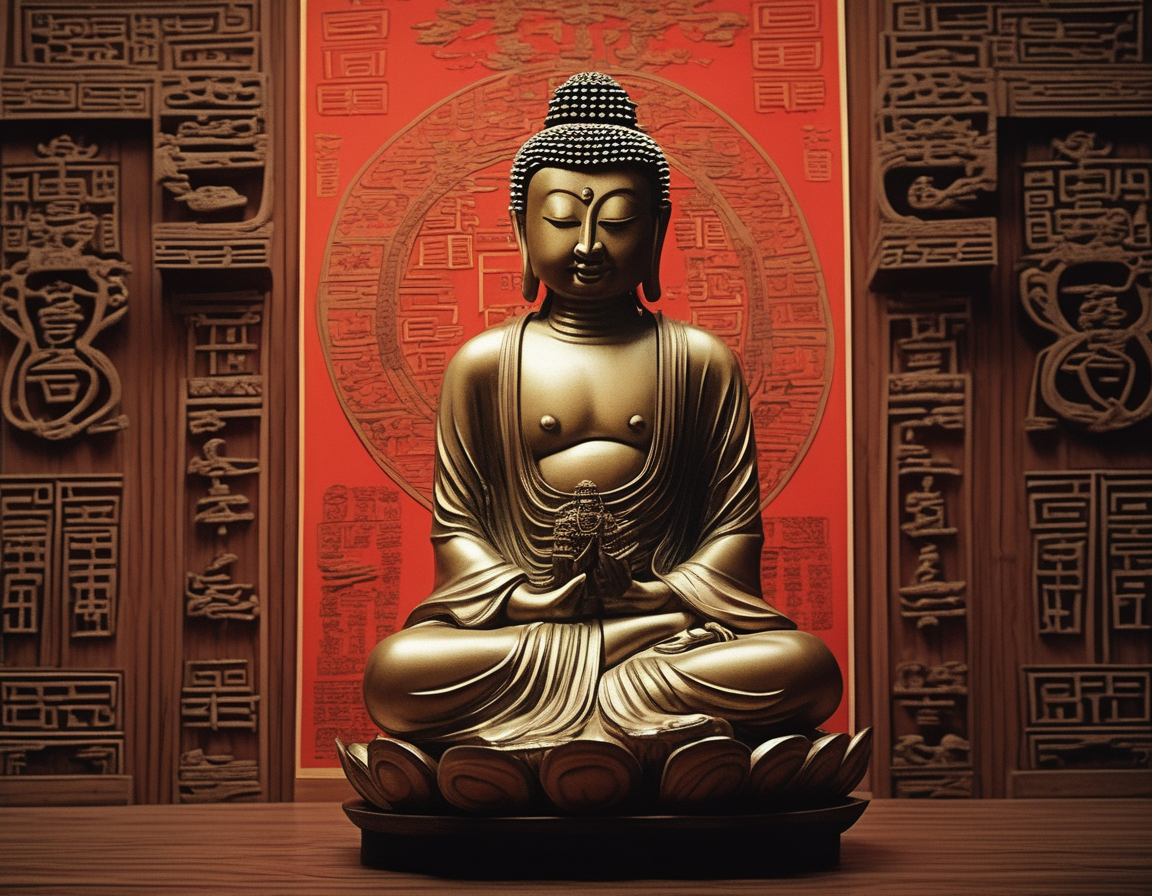 A photorealistic image of a Buddha statue intricately inscribed with Chinese characters. The statue should be made of high-quality material like jade or gold, and it should exude a sense of serenity and wisdom. The Chinese characters should be elegantly carved into the statue, each stroke precise and meaningful. These characters could be ancient scriptures, blessings, or philosophical teachings. The statue should be placed against a simple background that does not distract from its details. The lighting should be soft yet sufficient to highlight the intricacies of the inscriptions and the craftsmanship of the statue
, <lora:cnrune:0.45>