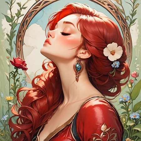 Score_9, score_8_up, score_7_up, score_6_up, BREAK <lora:ArtNouveau2Pony:1> ArsMJStyle, art nouveau,, The image shows a painting of a woman with red hair and flowers in her hair surrounded by leaves and stems., 1girl, solo, flower, closed eyes, earrings, red hair, jewelry, hair flower, hair ornament, long hair