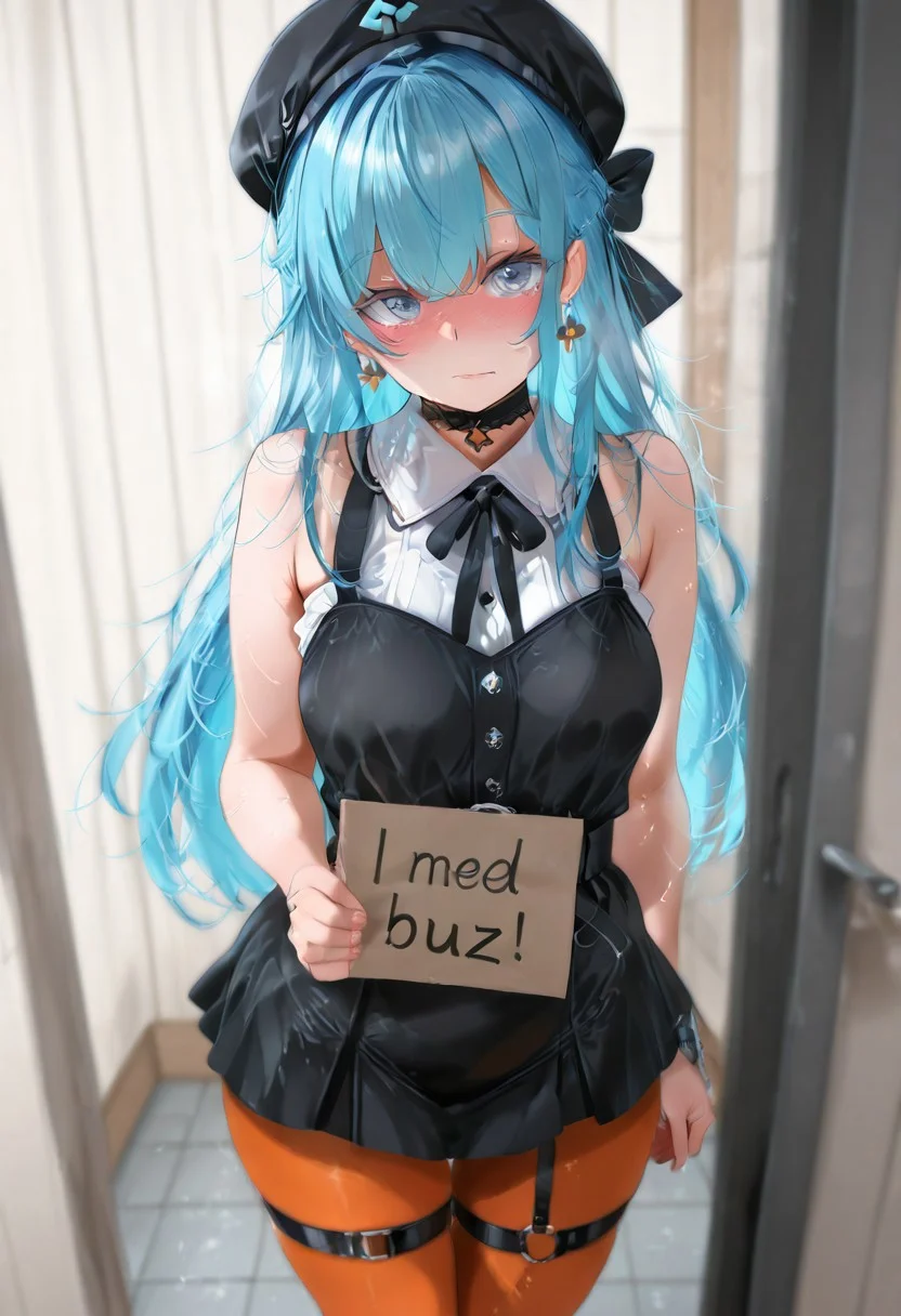 masterpiece, best quality, amazing quality, high resolution, ultra-detailed, absurdres, newest, detailed eyes, Su1se1Str, blue eyes, blue hair, long hair, half updo, black beret, black dress, collared dress, sleeveless, bow earrings, lace choker, neck ribbon, black belt, orange pantyhose, o-ring thigh strap, single garter strap
BREAK,
need_buzz, holding sign