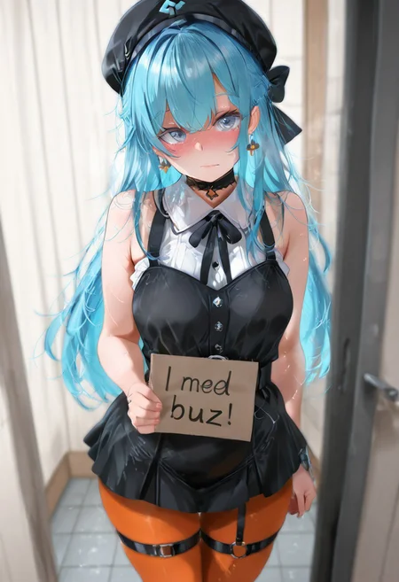 masterpiece, best quality, amazing quality, high resolution, ultra-detailed, absurdres, newest, detailed eyes, Su1se1Str, blue eyes, blue hair, long hair, half updo, black beret, black dress, collared dress, sleeveless, bow earrings, lace choker, neck ribbon, black belt, orange pantyhose, o-ring thigh strap, single garter strap
BREAK,
need_buzz, holding sign