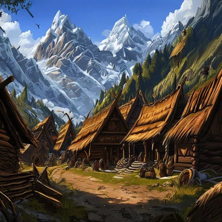 Villagehmmb, scenery, mountain, viking village, longhouses, wooden houses, central bonfire, evening sky,
