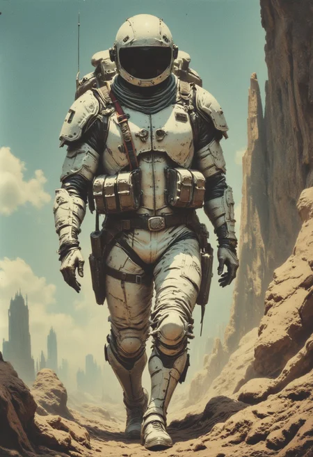 This is a highly detailed, digital illustration created by artist Chris Foss in 1983. The scene depicts a futuristic, sci-fi setting. The central figure is a person, likely male, dressed in a bulky, white, high-tech spacesuit with a helmet and goggles, suggesting an astronaut or space explorer. The suit features multiple pockets, straps, and a prominent backpack, indicating it's equipped for a long journey.