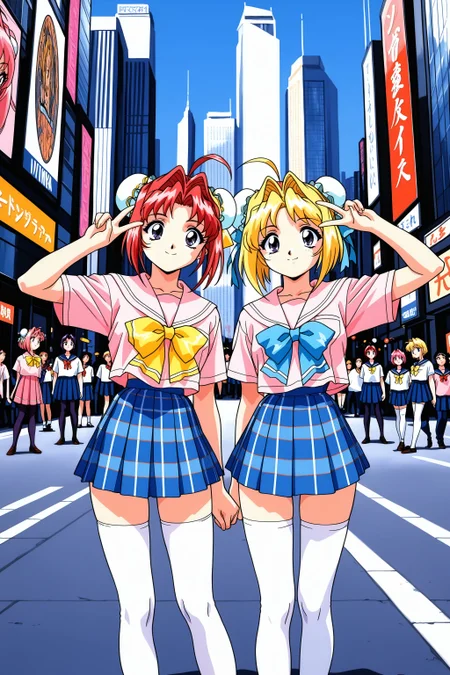 (masterpiece, best quality:1.2), amazing quality, very aesthetic, absurdres, perfect detail, 1990s \(style\),
new york city, street, skyscraper, billboard, crowd,
duo, 2girls, standing, v sign, smile,
fkmiku, ahoge, blonde hair, blue eyes, purple eyes, bun cover, double bun, hair intakes, short hair, blue bow, bowtie, plaid skirt, school uniform, serafuku, white legwear, BREAK
rmiku, ahoge, bangs, bun cover, double bun, hair intakes, pink hair, red hair, purple eyes, short hair, yellow bow, pantyhose, sailor collar, school uniform, serafuku, pink shirt, pleated skirt, white thighhighs,
<lora:XL_Ill_hentai_bmmiku-t1:1>