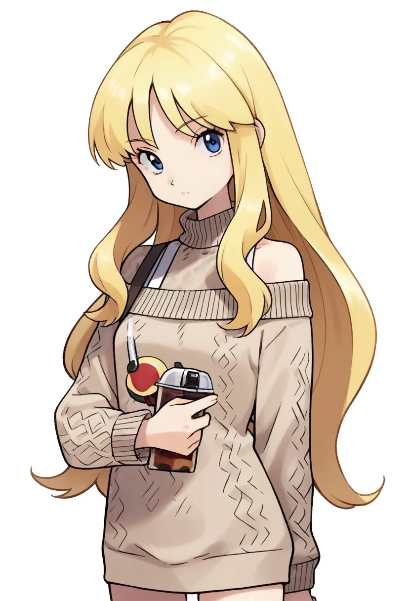(source_anime, score_9, score_8_up, score_7_up:1), 1girl, solo, blonde, long hair, beige off-shoulder sweater, looking at viewer, simple background