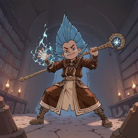 <lora:Neznajka:1.0>, 1 boy, solo, rich colors, badass boy, <lora:princess_xl_v2:0.65>, Neznajka, <lora:aidmaMJ6.1_v0.5_IL:0.65>, strong, mage, blue eyes , young, detailed backgroung,dark fantasy, dynamic, best quality, amazing quality, very aesthetic, absurdres, newest, depth of field, separate focus, dynamic angle, (dynamic composition:1.2), masterpiece, highres, 4k, intricate details,three quarter view, face focus, powerful,mage clothes, arcane magic, (smug:0.8), full body, glowing blue tattoos, arcane aura, arrogant look, dark, pitch darkness, (attacking viewer:1.2), battle pose, close to wiewer, battle, glowing, blue hair, staff, magic academy, casting spell, place of power, magic library, flying magic books, arcane energy,