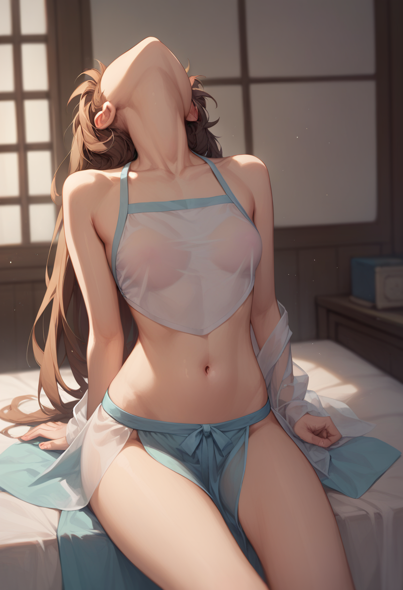 score_9,score_8_up,score_7_up,<lora:dudou:1>,kdudou, 1girl, solo, navel, long hair, sitting, see-through, arm support, leaning back, brown hair, bare shoulders, midriff, indoors, head back, small breasts, breasts, collarbone