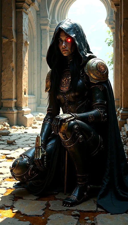 A cybernetic mystic, her face split between robotic and human features, in an ancient, shadowed corridor. She has a glowing red eye, her hooded cloak adorned with golden circuitry patterns. Her armor, a blend of metal and glowing runes, suggests a perfect fusion of magic and technology. The digital artwork is a masterpiece of extreme realism, with perfect illumination, high contrast, and intricate, textured details.
Small pieces of debris scattered across the floor, such as broken tiles, stones, and remnants of past inhabitants.Puddles of water on the uneven floor, reflecting the faint light and adding a sense of dampness.Ornate mosaic patterns on the floor, worn and faded with age but still hinting at past glory. Occasional glimpses of the outside world through cracks or openings, showing distant landscapes or skies.
Defensive Crouch with holographic Shield