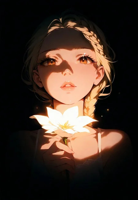 1girl, (blonde braid:1.2),   (brown eyes:0.7), (detailed eyes), lips, thin lips, parted lips, solo, (ooking at viewer:0.8), squint, eyelashes, holding a flower, dynamic lighting, camisole, upper body, dark, (underlightling:1.3), masterpiece, best quality, very aesthetic close up,