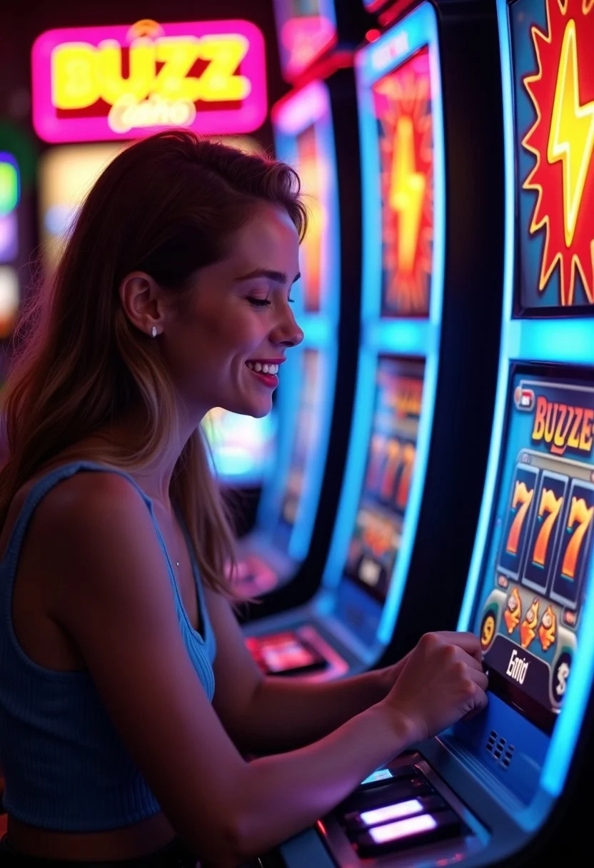 Create a vibrant, cinematic shot of a young woman intensely focused as she plays at a casino slot machine. The slot machine prominently displays the name "BUZZ Casino" in neon lights at the top. On the machine's screen, show a winning combination of three identical orange lightning symbols, styled like electric bolts, lined up in the center row. The scene is filled with bright, saturated colors and illuminated by the vivid lights of the casino, casting dramatic reflections on the woman’s face happy amazing. cry and smile after winnig. The camera angle is slightly from the side, focusing on both the woman’s determined expression and the flashing symbols on the slot machine. very emotional wining prise, excitement, and a cinematic feel, with bright, dynamic lighting that adds to the emotional intensity of the moment.