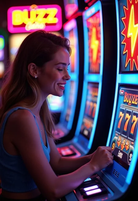 Create a vibrant, cinematic shot of a young woman intensely focused as she plays at a casino slot machine. The slot machine prominently displays the name "BUZZ Casino" in neon lights at the top. On the machine's screen, show a winning combination of three identical orange lightning symbols, styled like electric bolts, lined up in the center row. The scene is filled with bright, saturated colors and illuminated by the vivid lights of the casino, casting dramatic reflections on the woman’s face happy amazing. cry and smile after winnig. The camera angle is slightly from the side, focusing on both the woman’s determined expression and the flashing symbols on the slot machine. very emotional wining prise, excitement, and a cinematic feel, with bright, dynamic lighting that adds to the emotional intensity of the moment.