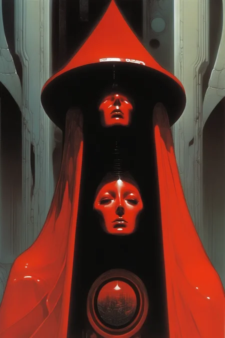 <lora:Philippe Druillet Style:1>Philippe Druillet Style - Create a high quality close up portrait of The Oracle, wearing short red robes, tentacles beneath, no face is visible, a black void under the hood, ancient obelisk in the form of an alien black cube by Junji Ito, Syd Mead, tsutomu nihei,. The theme should highlight mysticism, magic, horror, mystery, witchcraft. It should fit within the frame. it should have an simple border that follows the theme.