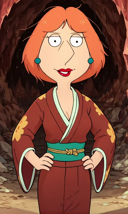 lois_griffin, FamilyGuy_Style, score_9_up, score_8_up, score_7_up, score_6_up, 1girl, short hair, orange hair, (hands on hips), (Soft Lavender)(Wrap-front kimono top with wide sleeves.:1.2), (Burgundy Brown)(Corduroy pants), (cave background:1.2), (look), (skin fang), <lora:FamilyGuy_Style-000014:1>