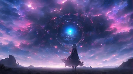 masterpiece, best quality, light particle, depth of field, , field, scenery, fantasy, , red light, blue light, far away, no humans, pastel colors, chromatic aberration abuse, dark, cloudy sky, space, blue aura, aura, cinematic, dark atmosphere, day, dark hole, glowing eyes, purple light, illumination, cliff, sword, floating object, monster, eye in the sky,