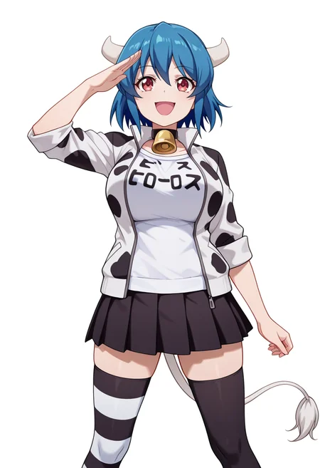 Smooth Quality,masterpiece,very intricate, high quality details, ultra realistic, high detailed skin,detailed enviorement,absurdres,
straight-arm salute,
<lora:Minos_CNR:0.8> minos_cnr, 1girl, blue hair, short hair, bangs,red eyes, cow girl, cow horns, cow tail, large breasts,minos_def_cnr,cow print,black skirt, pleated skirt, white jacket, collar, striped thighhigh, (black thighhigh:1.1),cowbell, open jacket, white shirt, asymmetrical legwear,, crazy smile,, simple background, white background, front view,solo,