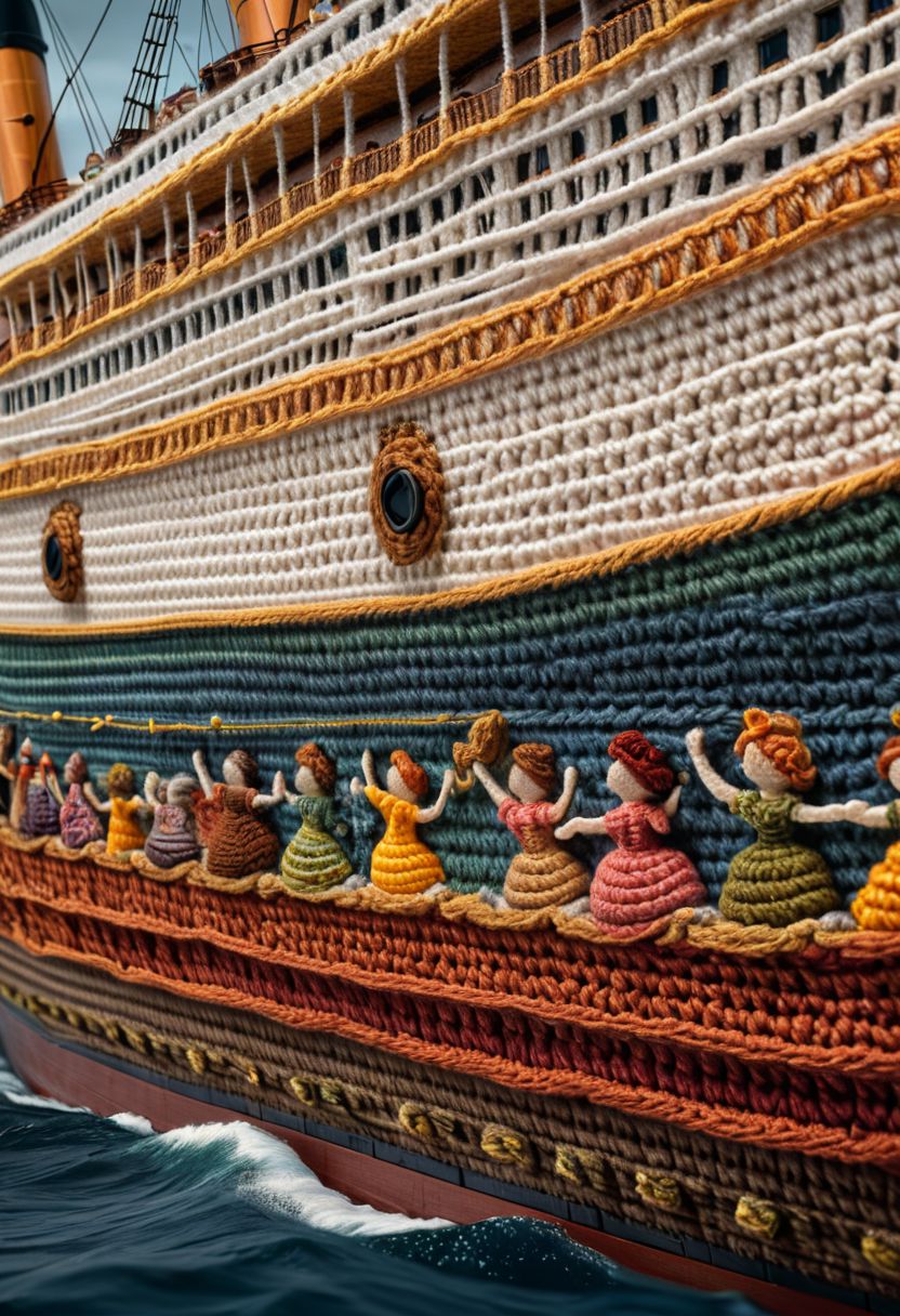 The scene from the Titanic with arms out on the front of the ship, in the style of crochet, vibrant, Masterpiece, (8k), highest-quality, intricate details, highly detailed, best artist, micro-details, micro-details within the micro-details, sharp edges, detailed textures, ((full body cinematic)), atmospheric lighting, visually stunning, perfect composition, trending on artstation