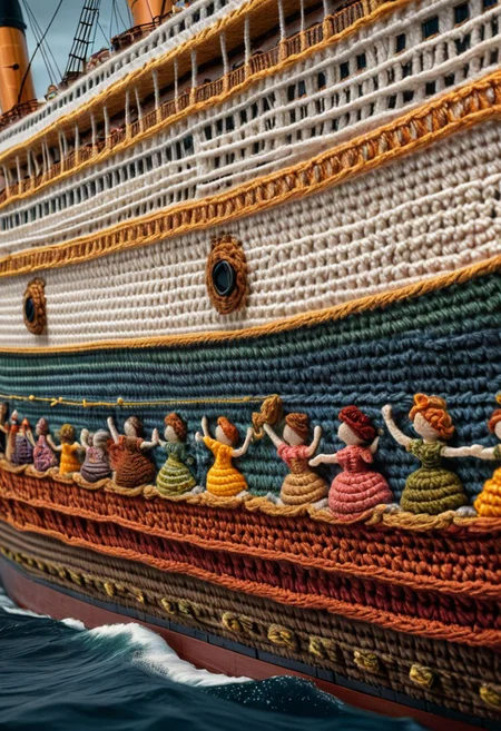 The scene from the Titanic with arms out on the front of the ship, in the style of crochet, vibrant, Masterpiece, (8k), highest-quality, intricate details, highly detailed, best artist, micro-details, micro-details within the micro-details, sharp edges, detailed textures, ((full body cinematic)), atmospheric lighting, visually stunning, perfect composition, trending on artstation