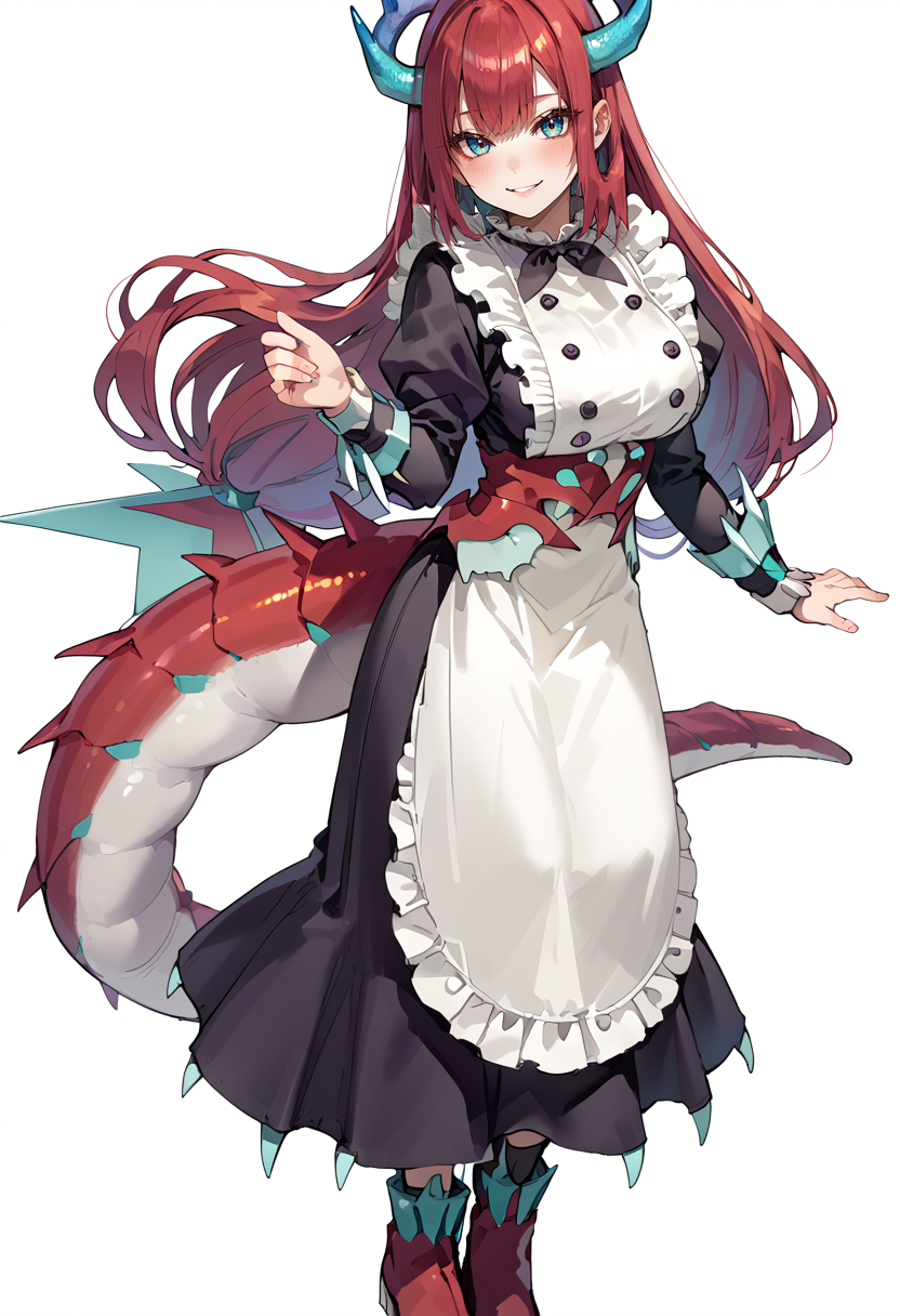 (score_9:0.9),score_8_up,score_7_up,rating_safe,anime style,(zPDXL),<lora:Kitchen Dragonmaid ponyXL v1:0.75>,kitchen dragonmaid, 1girl, solo, large breasts, maid clothes, smile, looking at viewer, white background, simple background, blush, full body, claws boots