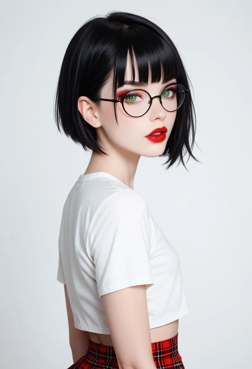 score_9, score_8_up, score_7_up, score_6_up, rating_questionable, 1girl, Polly, PollyRH, short hair, bobcut, black hair, bangs, green eyes, small breasts, almost flat chest, slim, pale skin, big round eyeglasses, clear eyeglasses lenses, nice round ass, red lipgloss, HD32k, dynamic pose, aesthetic, perspective, solo, detailed, sensual look, pinup pose, abstract background, detailed background, black-red tint, sensual look, pinup pose, upper body, wearing cropped black t-shirt, red tartan skirt, goth attire, punk attire, parted lips, nipple peek