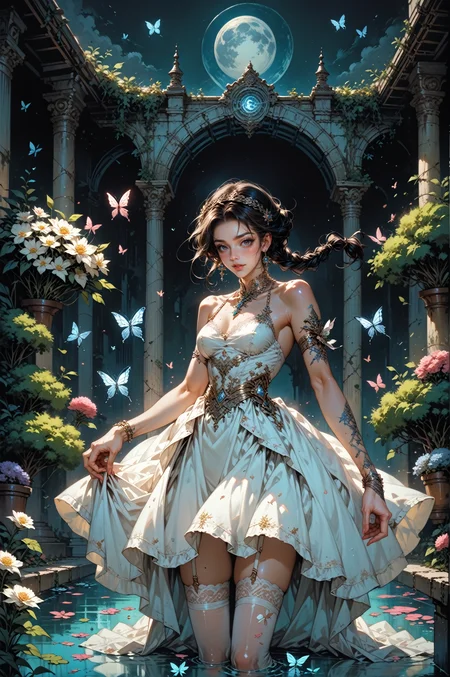 score_9, score_8_up, score_7_up, score_6_up, score_5_up, score_4_up, 1girl, moon background, reflective ground, abstract, solo, princess, black hair, braided, posing, cute pose, joyful, lace, stockings, garter belt, outdoors, romantic, garden, flowers, butterflies, moonlight, surreal, fantastical, (white dress), LAstargalaxydress, <lora:LAstargalaxydressXL:0.9>, BREAK, highly detailed, gem earrings,<lora:hand 4:0.3> , <lora:Fant5yP0ny:0.6>