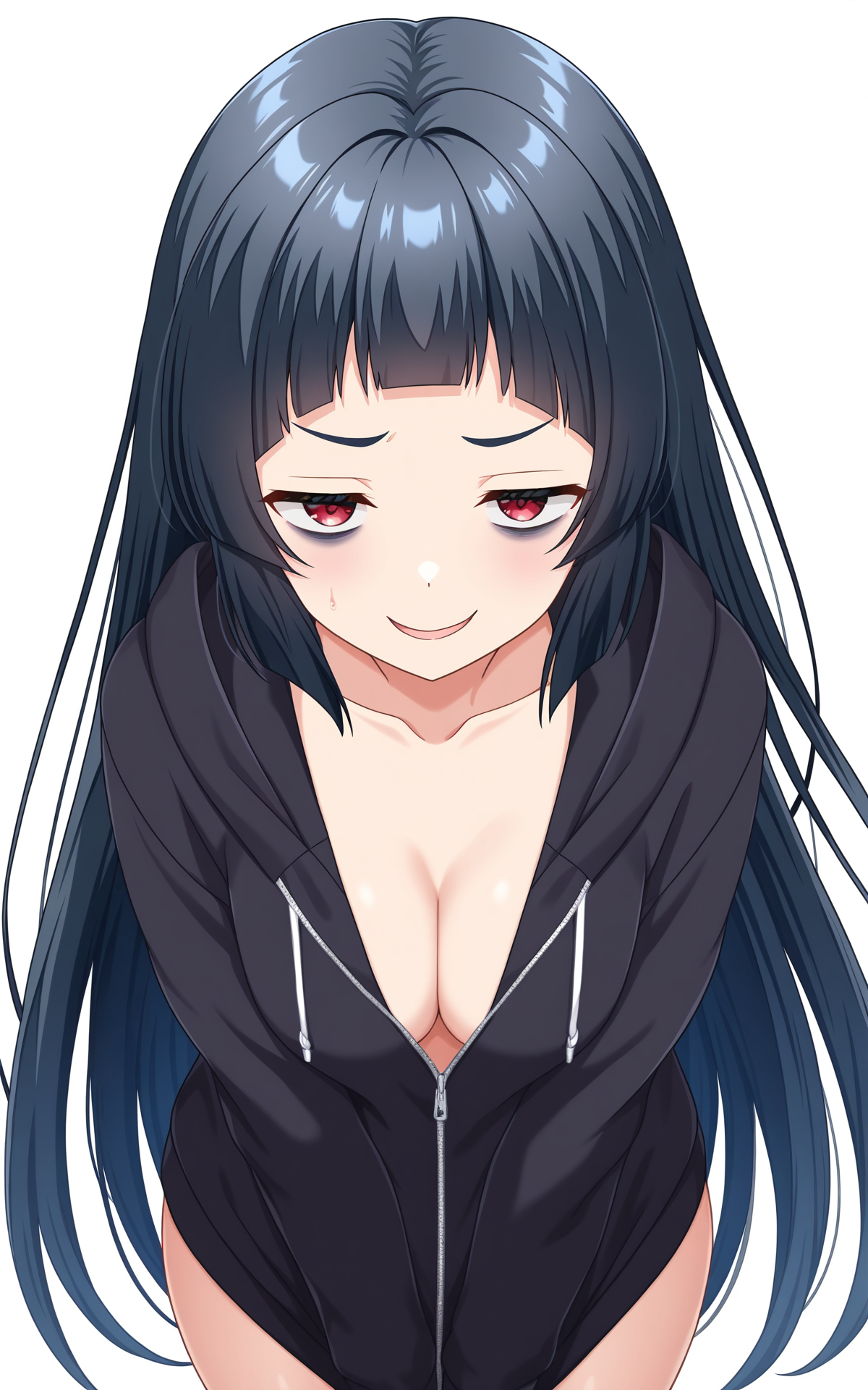 masterpiece, best quality, good quality, newest,4k, perfect lighting, cinematic, very aesthetic, official art, anime screencap, anime coloring,(((white background, simple background))), 
1girl,solo,kurokawa nagiko,black hair,very long hair,bangs,red eyes,(bags under eyes:0.8),naked hoodie, black hoodie,zipper,collarbone,cleavage,
looking at viewer,jitome,half closed eyes,naughty face,arms between legs,standing,facing viewer,BREAK
<lora:ILnagiko:0.8>