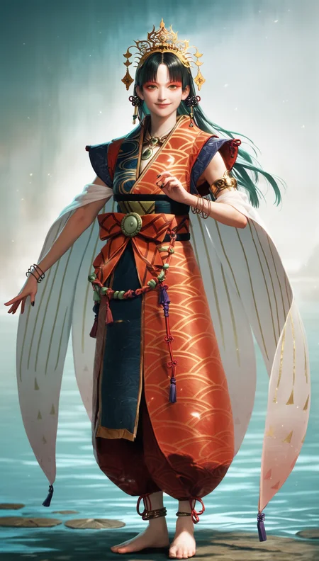 score_9,score_8_up,score_7_up,
<lora:Yoshiro:0.9>,
yoshirogoddess,
realistic,
1girl,solo,
black hair,long hair,hime cut,
yellow eyes,hikimayu,red eyeshadow,
looking at viewer,smile,
ornate gold headdress,jade,intricate traditional robe,sheer cape,large green brooch at waist,bracelets,anklets,black fingernails,red ribbon,barefoot,detailed and traditional design,
full body,standing,
blurry background,bloom,lens flare,shimmering water background reflecting sunlight,lake,light particles,