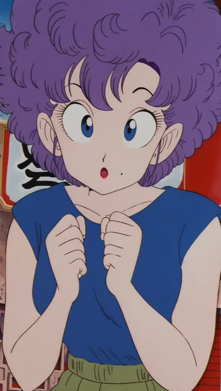 source_anime, masterpiece, best quality, amazing quality, anime screencap, high quality, 8k, absurdres, official style, 1girl, solo, looking at viewer, :o, upper body, <lora:Ranfan_iL:1>, r4nf4n, blue eyes, afro, short hair, purple hair, mole, mole under mouth, 21st WT, blue shirt, sleeveless, green pants, makeup, lipstick,