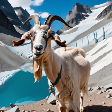 surreal landscape, photo in 90's fashion style, medium format, cinematic, surrealistic, Medium long shot, digital painting, goats01 in a glacier, photo - realistic in the style of <lora:goats01-xl:1>