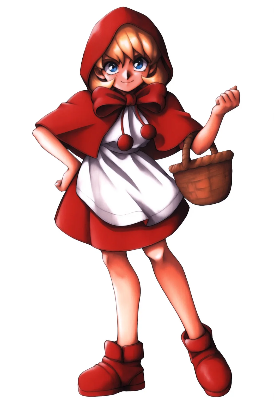 masterpiece, best quality, solo, 1girl, smile, looking at viewer, <lora:FF7-Offical-Art-illus_Fp:1>, 1990s \(style\), simple background, white background, full body, <lora:Bbhood-illus_Fp:1>, bbhood, short hair, blonde hair, blue eyes, hood, capelet, red dress, bow, white apron, pom pom \(clothes\), hood up, basket, red footwear,