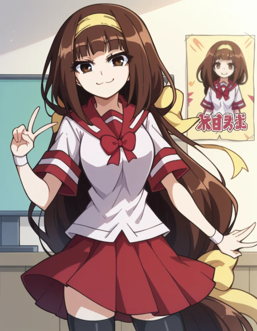 score_9, score_8_up, score_7_up, source_anime, <lora:najimi-ajimu-s2-ponyxl-lora-nochekaiser:1>, najimi ajimu, long hair, brown hair, bow, ribbon, brown eyes, very long hair, low-tied long hair, hair band, hair bow, yellow hairband, medium breasts,, skirt, thighhighs, bow, ribbon, school uniform, serafuku, black thighhighs, zettai ryouiki, red sailor collar, red skirt, red bowtie,, otaku room, posters, anime figures, computer, cluttered, , v, v over mouth, smug,, looking at viewer, solo,, dutch angle, cowboy shot