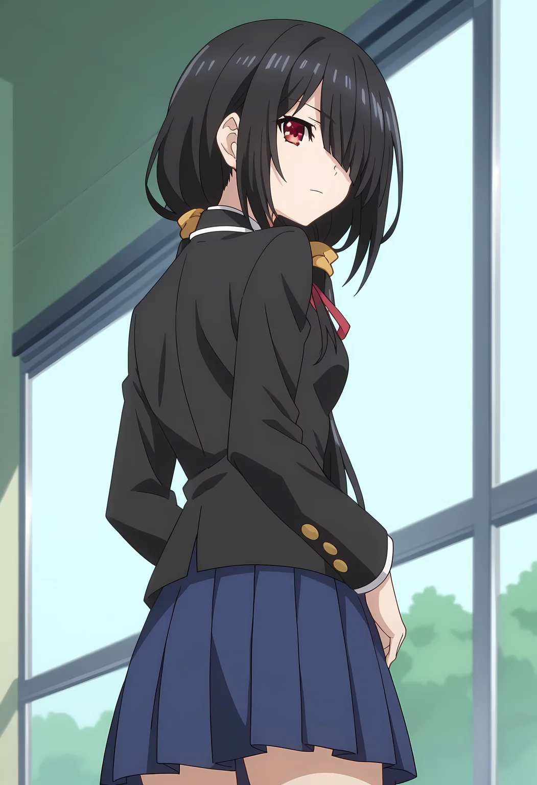 score_9, score_8_up, score_7_up, source_anime, 2d, Kurumi Tokisaki, 1girl, black hair, low twintails, red eye, covered eye, medium breasts, yellow hairband, school uniform, white dress, red ribbon, blue skirt, black jacket, anime coloring, anime screencap, detailed eyes, zPDXL, perfect faces, uncensored, rating_explicit, <lora:kurumi_tokisaki_0-000035:0.8>, from behind, looking back, looking at viewer, from below,