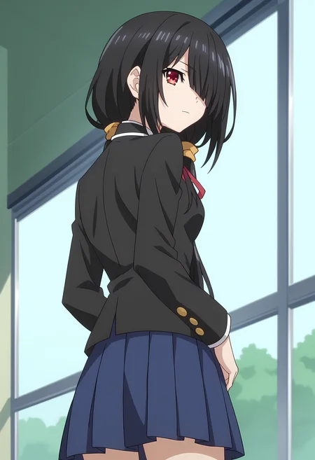 score_9, score_8_up, score_7_up, source_anime, 2d, Kurumi Tokisaki, 1girl, black hair, low twintails, red eye, covered eye, medium breasts, yellow hairband, school uniform, white dress, red ribbon, blue skirt, black jacket, anime coloring, anime screencap, detailed eyes, zPDXL, perfect faces, uncensored, rating_explicit, <lora:kurumi_tokisaki_0-000035:0.8>, from behind, looking back, looking at viewer, from below,