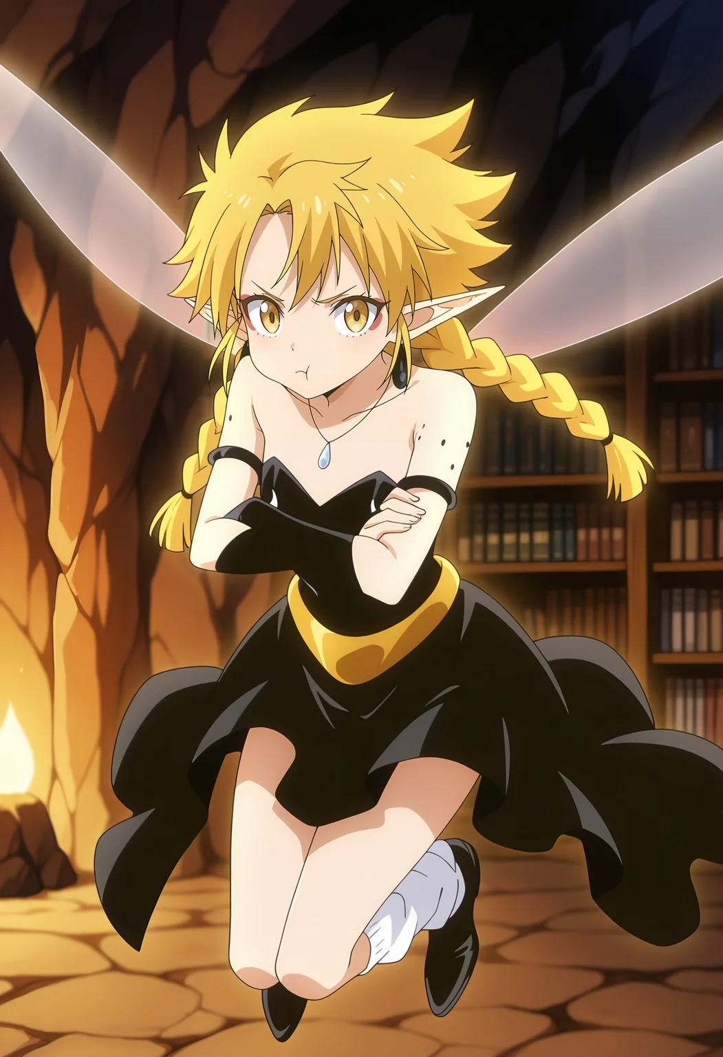 anime screencap, masterpiece, best quality,
<lora:TenSura_Ramiris_IlluXL:0.9>,
1girl, solo, pout,
twin braids, long hair, blonde hair, yellow eyes, pointy ears, facial mark, fairy wings, mole on arm,
strapless dress, black dress, armlet, necklace, gold belt, bridal gauntlets, black gloves,
loose socks, white socks, black footwear,
crossed arms, midair, flying, looking at viewer,
indoors, cave, bookshelf, blurry background