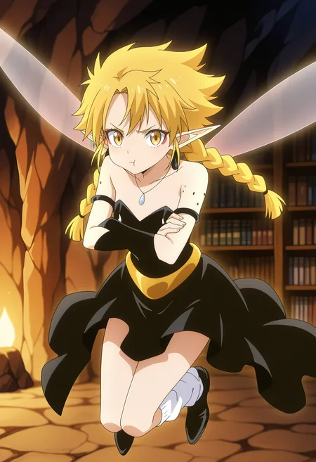 anime screencap, masterpiece, best quality,
<lora:TenSura_Ramiris_IlluXL:0.9>,
1girl, solo, pout,
twin braids, long hair, blonde hair, yellow eyes, pointy ears, facial mark, fairy wings, mole on arm,
strapless dress, black dress, armlet, necklace, gold belt, bridal gauntlets, black gloves,
loose socks, white socks, black footwear,
crossed arms, midair, flying, looking at viewer,
indoors, cave, bookshelf, blurry background