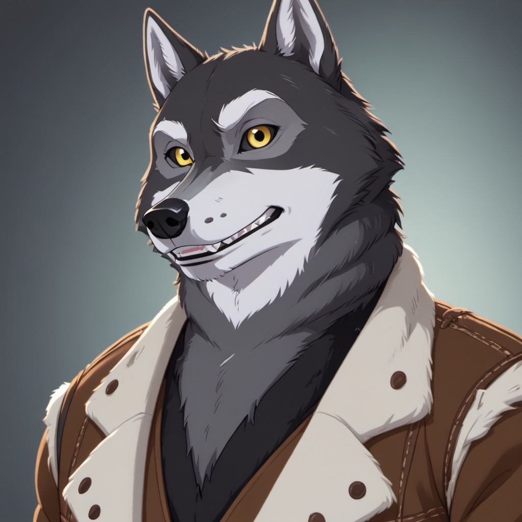 score_9, score_8_up, score_7_up, source:furry, dynamic lighting, detailed background, bedroom background,  anthro, furry, male, 1boi, (headshot), solo, (detailed face, detailed eyes), furry, anthropomorphic character, 
BREAK
Mr_Badwolf, Anthro Wolf, Wolf, BBW, Ever_after_high, dark gray fur, white snout, white eyebrows, white inner ears, black nose, white sclera, yellow eyes, black lips, large muscles, muscular, thick neck, leather jacket, fleece-lined jacket, torn jeans, digitgrade legs, 
BREAK
<lora:add-detail-xl:1.5>