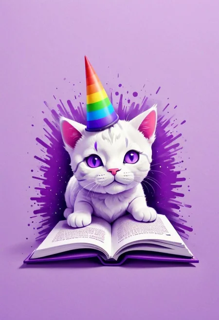A simple doodle of an adorable cat with rainbow colored horns, lying on its side and reading a book. The background is purple, and the design includes minimalistic lines for a cute clipart style. It has a flat design aesthetic with vector art elements. Tshirt design graphic, vector graphics only, bold outlines, contour, white space around tshirt designs. Isolated on a pastel lavender color background.