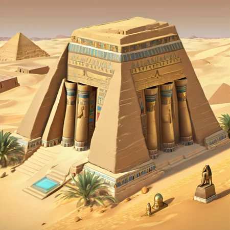 ((masterpiece, best quality)), absurdres, Isometric_Setting, detailed door, detailed statue, Egyptian building, pyramid, desert, <lora:Stylized_Setting_SDXL:1.0>